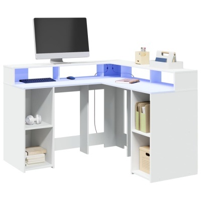 Mesa de escritório de canto branca com prateleiras e iluminação azul