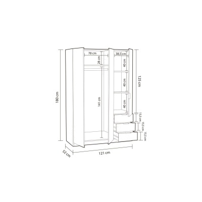 Esboço técnico de armário branco com medidas em centímetros.