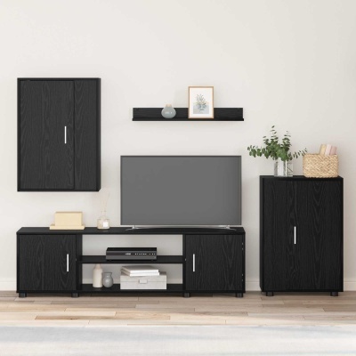 Conjunto de móveis para sala de estar em madeira preta com textura e decoração simples.