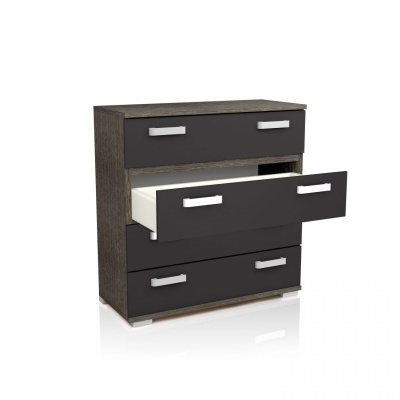 Cómoda em madeira escura com três gavetas cinzentas e puxadores metálicos prateados.