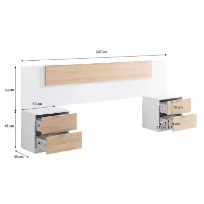 Mobilier quarto branco e madeira com gavetas e dimensões indicadas
