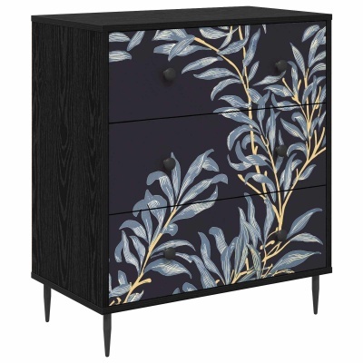 Cómoda preta com padrão de folhas azul e amarelo na frente