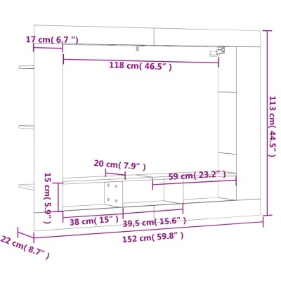 Desenho técnico de móvel branco em L com medidas detalhadas em cm e polegadas