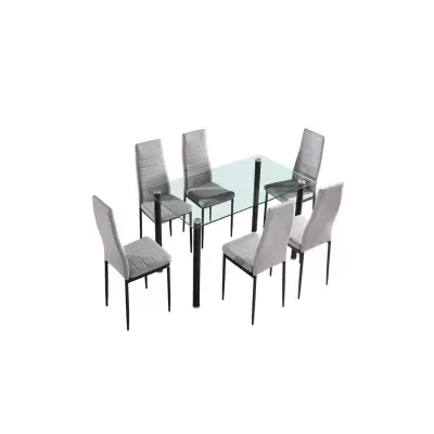 Conjunto de mesa de jantar em vidro com seis cadeiras cinza.