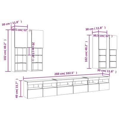 Conjunto de móveis para sala com unidades baixas e altas, medindo e detalhadas em centímetros e polegadas.
