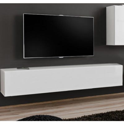 Móvel suspenso branco sob televisão de ecrã plano numa parede cinza escura com chão de madeira clara.