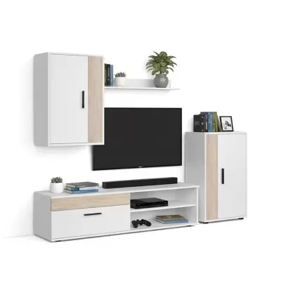 Conjunto de móveis para sala de estar em branco e madeira clara com TV, prateleira, armário e decoração