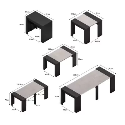 Conjunto de mesas extensíveis em tampo cinza claro e estrutura preta com várias dimensões e extensões mostradas.