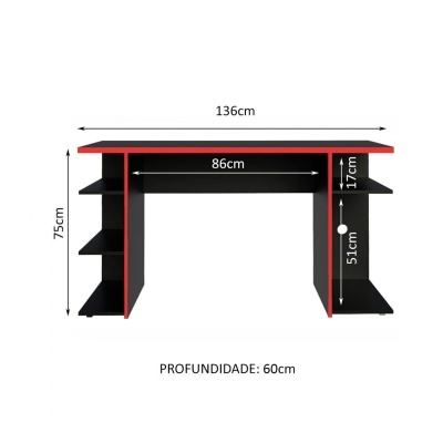 Secretária preta com tampo vermelho e prateleiras abertas, com medidas indicadas em centímetros