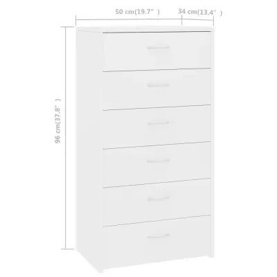 Comoda branca com seis gavetas e puxadores retangulares