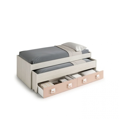 Cama individual com cama deslizante e três gavetas cor-de-rosa para arrumação