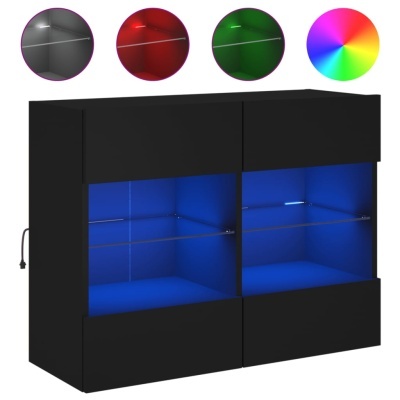Móvel expositivo preto com iluminação LED azul e amostras de cores de luz acima.
