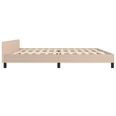 Cama de solteiro com estrutura bege e ripas de madeira