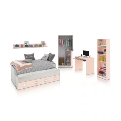 Conjunto de mobiliário cor de rosa e cinzento para quarto infantil com cama, guarda-roupa, secretária e estante