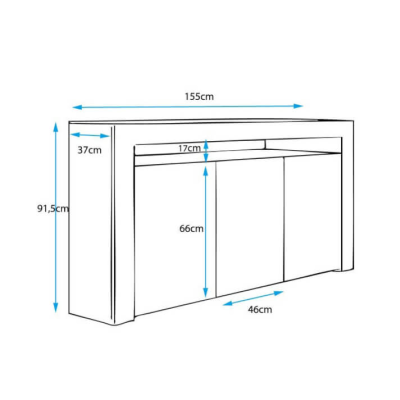 Desenho técnico de consola com dimensões em centímetros.
