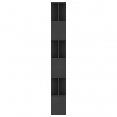 Estante vertical preta com prateleiras e caixas fechadas