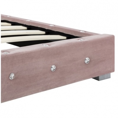 Base de cama rosa com botões transparentes e ripas de madeira