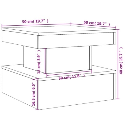 Diagrama com dimensões de mesa de centro quadrada com três níveis