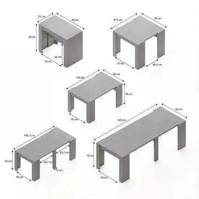 Mesas modulares cinza com várias dimensões indicadas.