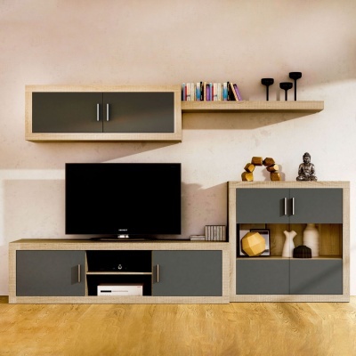 Conjunto de móveis de sala em madeira clara e cinza com televisão e decoração