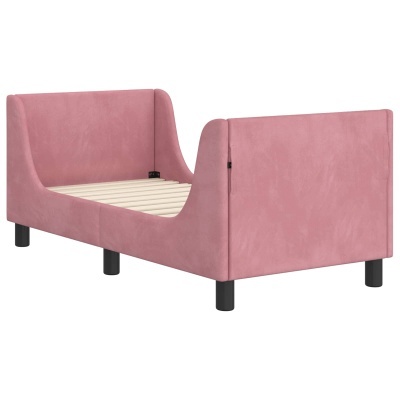 Cama de criança cor-de-rosa com pés pretos e ripas de suporte