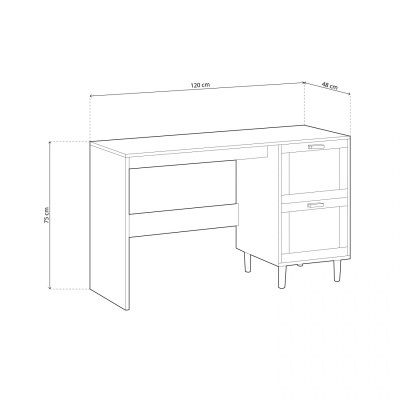 Secretária branca com gavetas e porta, vista em desenho técnico com dimensões