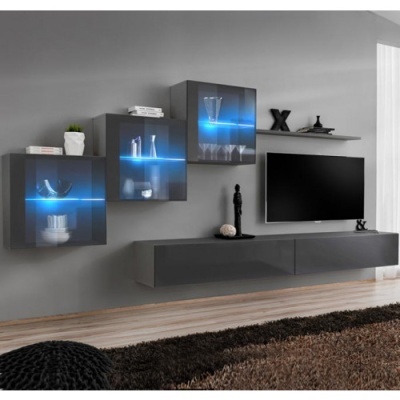 Conjunto de móveis de sala de estar suspensos cinza com iluminação azul e televisão montada