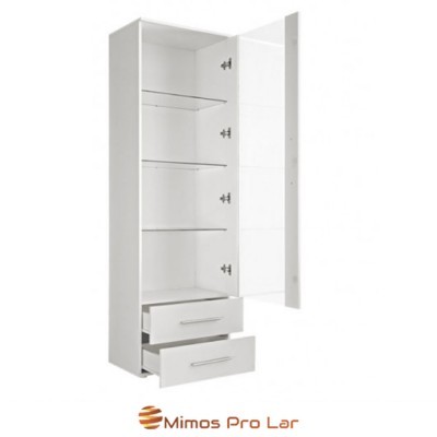 Móvel de arrumação branco com gavetas abertas e espelho