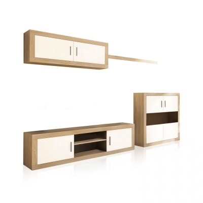 Conjunto de móveis para sala de estar em madeira clara com portas creme