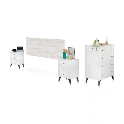 Conjunto de móveis brancos com gavetas e decoração minimalista
