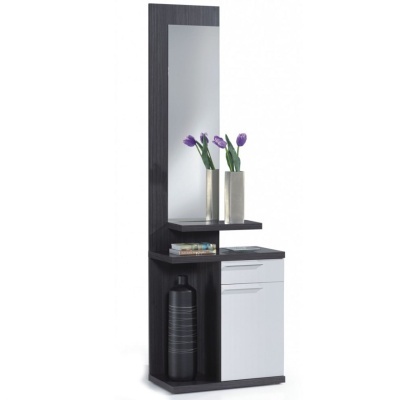 Armário de entrada com espelho, prateleiras, vasos com flores e armário em madeira preta e branca
