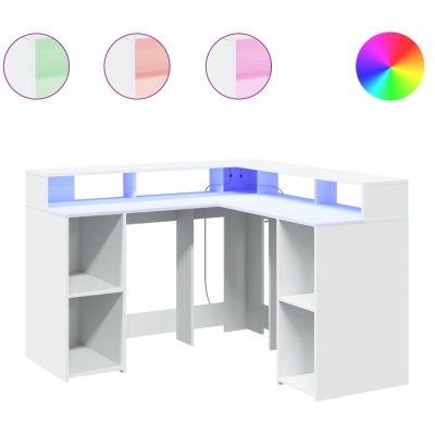 Mesa de escritório branca em L com prateleiras iluminadas a LED e opções de cor de luz