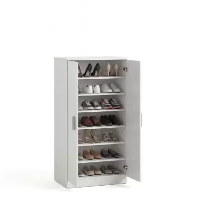 Armário branco com portas abertas mostrando várias prateleiras com calçado diverso.