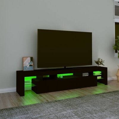 Móvel de sala TV preto com iluminação verde LED e televisão de ecrã plano