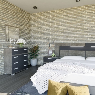 Quarto moderno com cama, cómoda, mesa de cabeceira, planta, paredes de tijolo e chão em madeira