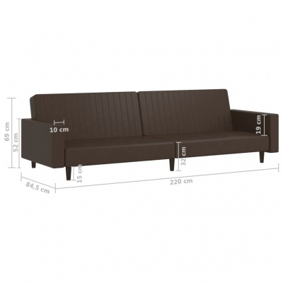 Sofá de canto castanho escuro com linhas verticais no encosto e medidas indicadas