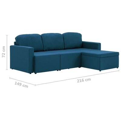 Sofá de tecido azul com chaise longue e medidas