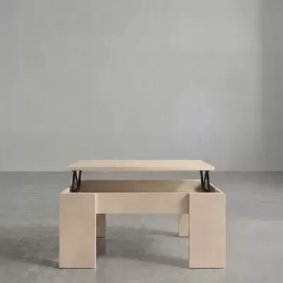 Mesa de centro bege claro com tampo elevatório e suportes metálicos pretos