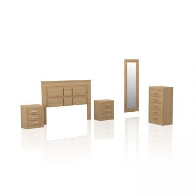 Conjunto de móveis de quarto em madeira clara com cabeceira, mesas de cabeceira, cômoda e espelho vertical