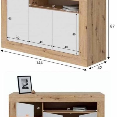 Móvel de madeira clara com portas brancas e prateleira aberta, mostrando medidas em cm.