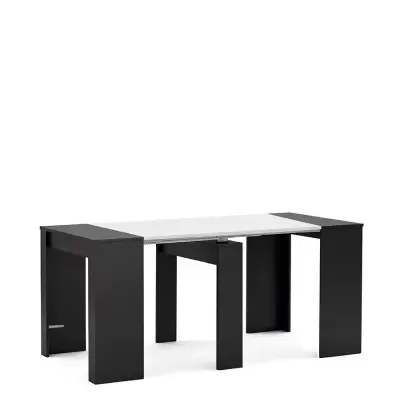 Mesa de jantar extensível moderna com tampo branco e estrutura preta
