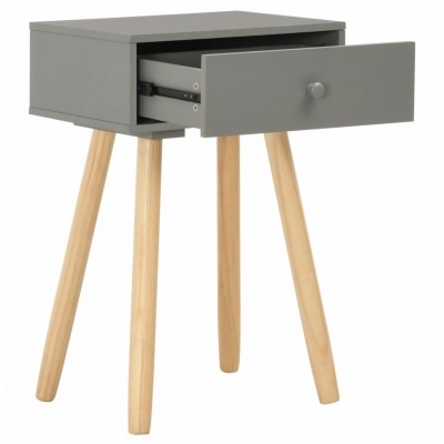 Mesa de apoio cinza com gaveta aberta e pernas de madeira clara