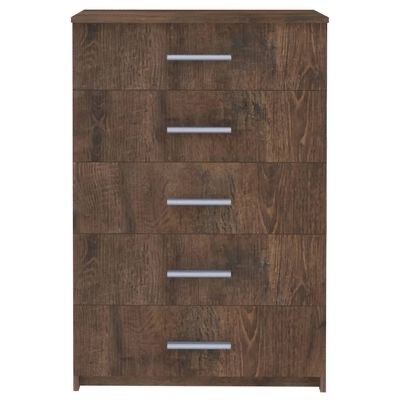 Cómoda castanha escura com cinco gavetas e puxadores metálicos