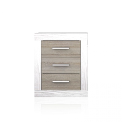 Móvel de arrumação com três gavetas em madeira clara e estrutura em madeira branca