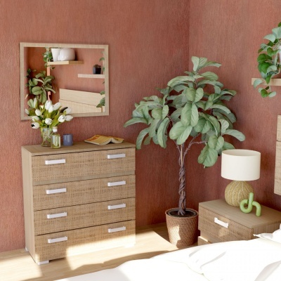 Quarto com cómoda de madeira clara, espelho, candeeiro e planta em vaso