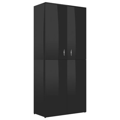 Armário alto preto com quatro portas e puxadores metálicos