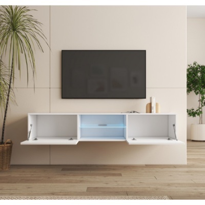 Móvel de televisão branco suspenso com três compartimentos e iluminação LED azul no centro.