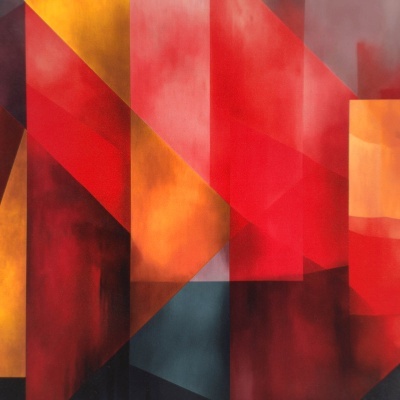 Padrões geométricos abstratos em vermelho, laranja, amarelo e azul