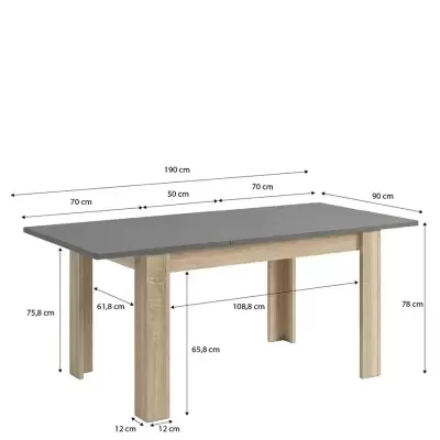 Mesa de jantar cinzenta com pernas de madeira e medidas detalhadas em centímetros