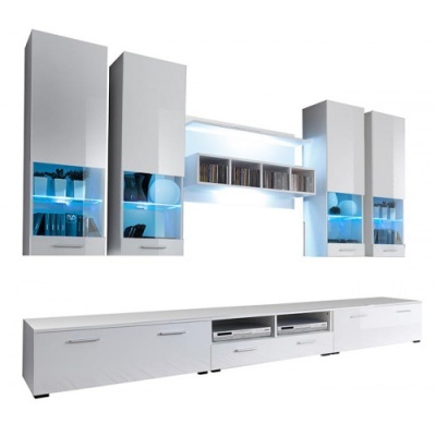 Conjunto de móveis de sala branca com iluminação azul e armazenamento